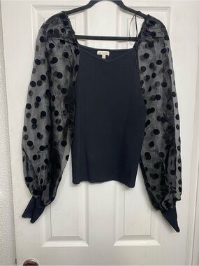 Flying Tomato Black Ribbed Tank with Sheer Polka Dot Puff Sleeves